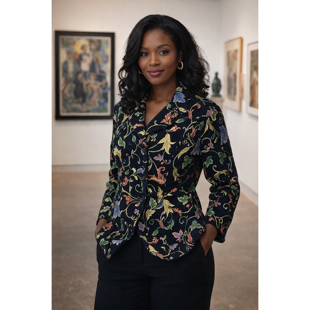 ELCC Size Large Jacket  Floral Jacquard Blazer Baroque Tapestry Black Gold Artsy